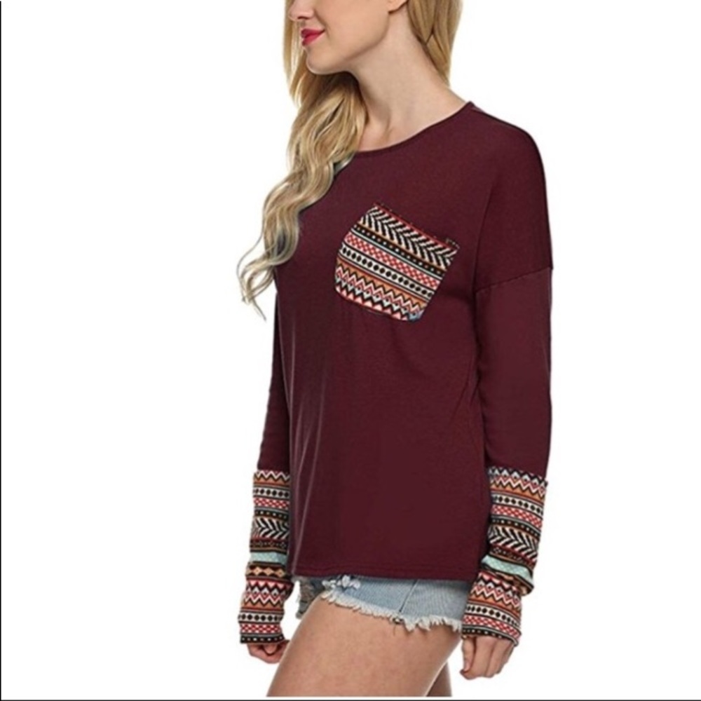 Geo Print Cuff Pocket Top Burgundy - Picture 2 of 8